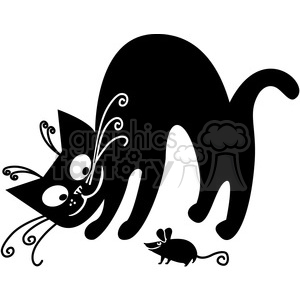 The clipart image shows a stylized black cat and a small black mouse. The cat has decorative swirls for whiskers and tail, and the mouse has big ears and a long tail.