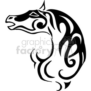The clipart image depicts a stylized outline of a horse's head. The horse head is designed with tribal or tattoo-like elements, featuring swirls and curves that create an artistic and somewhat abstract representation.