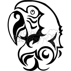 This clipart image features an artistic and stylized outline of a parrot. The design is bold and presents the parrot in a tribal tattoo style, with swirls and curves that accentuate the bird's shape and form. It appears to be suitable for vinyl applications, given its simplified, high-contrast style which is often described as vinyl-ready. This would be an appropriate design for decals, stickers, or even as a tattoo template due to its clear and graphic nature.
