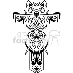 A tribal-style cross design suitable for tattoos or religious artwork, featuring intricate patterns and sharp edges.