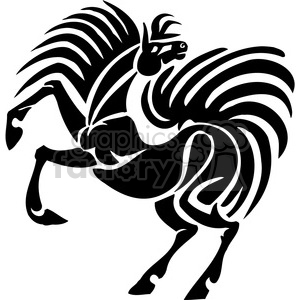 A stylish black and white clipart illustration of a horse in a rearing position, featuring flowing lines and abstract shapes.