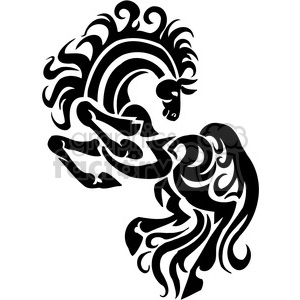 This clipart image depicts a stylized, tribal design of a horse with intricate, wave-like patterns and curves.