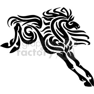 A stylized black and white tribal art design of a galloping horse.