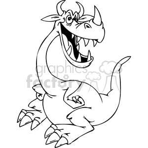 The image depicts a cartoon-style dragon with a humorous expression. The dragon has large, exaggerated features like wide eyes, a wide-open mouth with visible teeth, and large nostrils. It stands on its hind legs, with one arm raised, displaying three sharp claws on each foot. The style is black and white, resembling typical line art found in coloring books or simple illustrations.