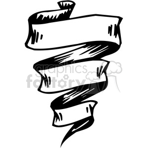 A black and white clipart image of a blank, curled banner ribbon. The ribbon has a hand-drawn, sketchy appearance, with multiple folds and a wavy, flowing design.