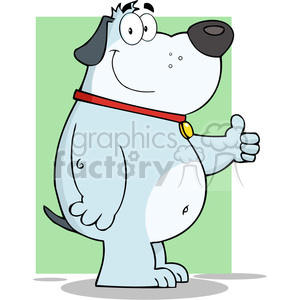 This clipart image depicts a light blue dog with a red collar, giving a thumbs-up in a hitchhiking pose. The dog has a big, friendly smile with a goofy facial expression accentuated by large, popping eyes. The overall style is cartoonish and comical.
