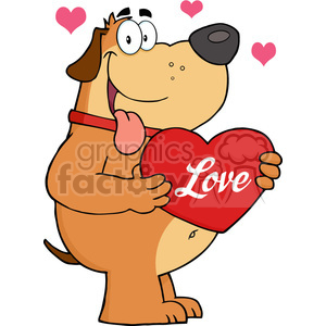 The image is a cartoon-style clipart featuring a happy and comical brown dog holding a big red heart with the word Love written on it. The dog appears cheerful, with big eyes and its tongue hanging out. Around the dog, there are three smaller hearts floating, likely to represent the loving atmosphere or the dog's loving feelings. The dog is wearing a red collar, which matches the theme of love and Valentine's Day.