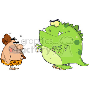 This clipart image features a humorous scene set in prehistoric times with a comical caveman wearing a brown, spotted animal skin outfit and holding a wooden club, standing next to a large green dinosaur with spots. The caveman has a silly expression with hearts above his head, indicating a sense of being smitten or harmless infatuation, while the dinosaur, depicted in a more imposing bully-like pose, looks down at him with a mischievous grin.
