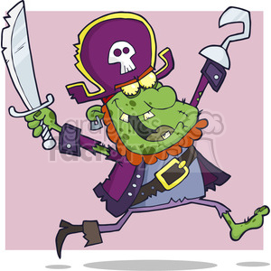 A comical zombie pirate with green skin, a hook hand, and a sword, wearing a purple hat with a skull emblem, running joyfully.