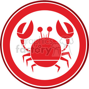   The image is a simple red-colored clipart of a crab. The crab is encircled by a thin red line creating a circular boundary around it. It features two prominent claws, a round body, six legs, and two stalked eyes. 