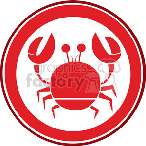 The image is a simple red-colored clipart of a crab. The crab is encircled by a thin red line creating a circular boundary around it. It features two prominent claws, a round body, six legs, and two stalked eyes.