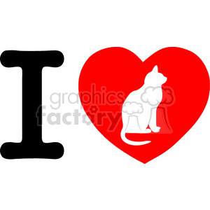   The image is a clipart featuring a message of affection towards cats. It consists of a bold capital letter I, followed by a large red heart shape, and inside the heart is a white silhouette of a seated cat facing to the side. Together, this arrangement visually declares I love my cat. 