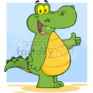   The image depicts a cartoonish, comical alligator standing upright. It has a friendly and amused expression, with a big smile and wide, googly eyes. The alligator is giving a thumbs-up with its right hand and appears to be chuckling or laughing. It has a large, round belly with yellow and orange stripes, resembling a shirt or a shell-like garment, which adds to the comical appearance of the character. The background suggests a simplistic depiction of the sky and sand, hinting that the alligator may be at a beach or a similar outdoor setting. 