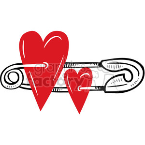 Clipart image featuring two red hearts pierced by a safety pin, symbolizing love and attachment.