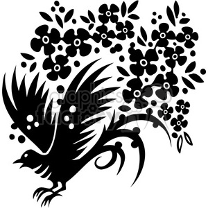 Silhouette of a bird with large, decorative feathers flying among flowers and leaves.