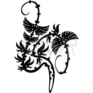 A black and white clipart image of an abstract, floral design. The design features intricate, swirling foliage with stylized leaves and blossoms, creating an ornamental pattern.