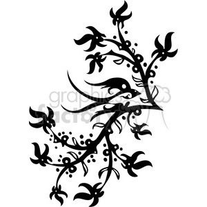 A black and white floral clipart featuring an intricate design of flowers, leaves, and swirling branches.
