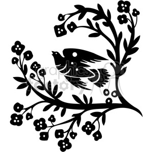 A black and white clipart image depicting a stylized bird surrounded by branches and flowers.
