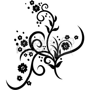 This clipart image showcases an elegant black floral design with winding vines, leaves, and various small blossoms. The intricate pattern features swirls and dots, enhancing the organic and decorative aesthetics.