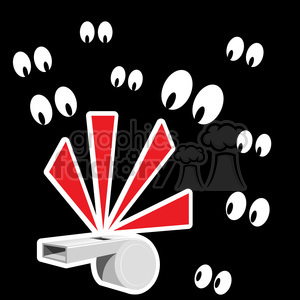 This clipart image features a whistle, with emphasis on the action of blowing the whistle. The whistle has a simple, stylized design with a glossy metallic appearance and a red burst symbolizing the sound coming from it. Surrounding the whistle are multiple eyes looking at it
