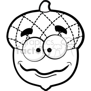 This is a black and white clipart image featuring a stylized cartoon of a funny acorn. The acorn has a patchwork texture on its cap, large, expressive eyes, and a quirky smile.
