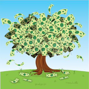A clipart image of a tree with money as leaves, representing a money tree on a grassy field with a clear blue sky background.