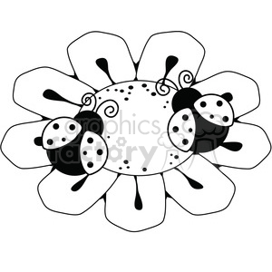 A black and white clipart image depicting two ladybugs on a flower.
