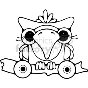 Clipart image of a cartoon owl wearing a hat and holding a branch with wheels. This is a toy that children pull along