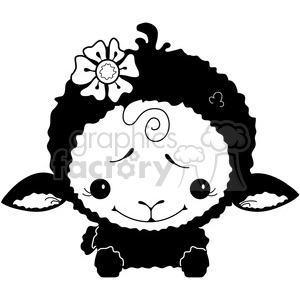 A cute, cartoonish black-and-white clipart image of a sheep with a flower on its head.