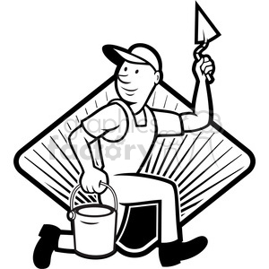   black and white plasterer mason worker running pail 