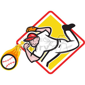 A cartoon clipart of a baseball player in a dynamic throwing pose with a flaming baseball against a yellow diamond background.