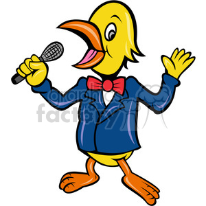 A cartoon yellow bird wearing a blue suit and red bow tie, holding a microphone and singing.