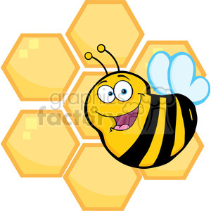 A cheerful cartoon bee with blue wings smiling in front of a honeycomb background.