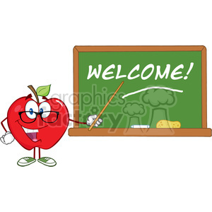 Smiling Apple Teacher Character With A Pointer In Front Of Chalkboard