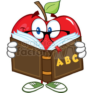 A humorous clipart of an apple character wearing glasses, reading an ABC book, symbolizing a teacher or librarian theme.