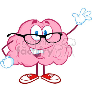 The clipart image depicts a cartoonish, anthropomorphic brain character. The brain is pink, with a big smile, wearing round, black eyeglasses, and it has blue eyes. It has arms and legs, with one hand raised in a waving or greeting gesture. It is wearing white gloves and red and white sneakers. The image has a playful and humorous tone, aiming to personify the concept of a brain in a fun and engaging way, possibly to represent learning or thinking.