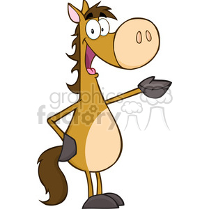 This clipart image features a cartoon horse standing upright, smiling, and pointing with one hoof. The horse has exaggerated facial features, including a large snout and wide eyes, giving it a humorous and friendly appearance.