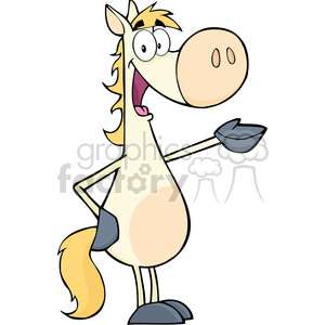 Cartoon image of a happy horse character with a beige body, blonde mane and tail, standing upright, and waving with a smile on its face.
