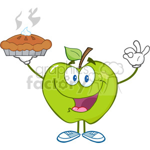   5806 Royalty Free Clip Art Happy Green Apple Character Holding Up A Pie 