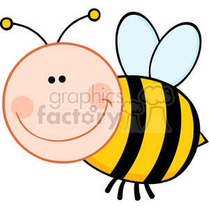 A cheerful, cartoon-style clipart image of a smiling bee with yellow and black stripes, light blue wings, and pink cheeks.