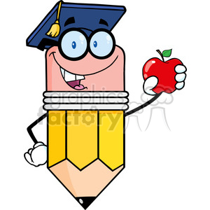   5946 Royalty Free Clip Art Pencil Teacher With Graduate Hat Holding A Red Apple 