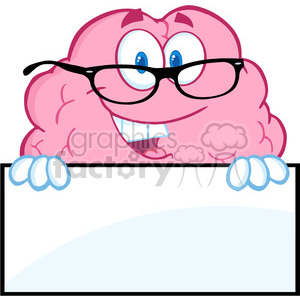 5853 Royalty Free Clip Art Smiling Brain Character With Glasses Over A Blank Sign