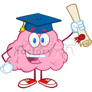 5845 Royalty Free Clip Art Happy Brain Character Graduate Holding up A Diploma