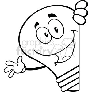 A funny lightbulb character with a cheerful expression, waving from behind an invisible wall.