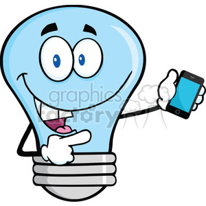   6164 Royalty Free Clip Art Blue Light Bulb Character Holding A Mobile Phone 