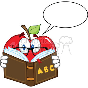 6524 Royalty Free Clip Art Smiling Apple Teacher Character Reading A Book With Speech Bubble
