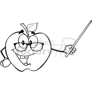 6508 Royalty Free Clip Art Black and White Apple Teacher Character With A Pointer