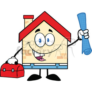 6458 Royalty Free Clip Art House Worker With Blueprint And Tool Box
