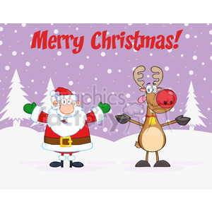 A humorous Christmas clipart featuring a cartoon Santa Claus and reindeer in a snowy winter landscape with the text 'Merry Christmas!'