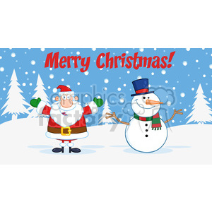 A humorous Christmas clipart image featuring Santa Claus and a smiling snowman in a snowy landscape with Christmas trees and falling snow. The text 'Merry Christmas!' is displayed at the top.